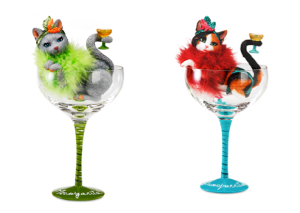 Cats, cat themed glasses, martini glasses, Hiccup H2Z, margarita, cosmopolitan, calico cats,